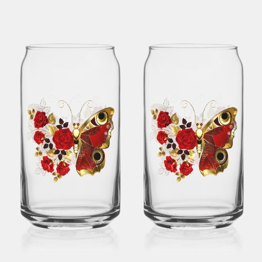 Rode bloemvlinder met rode rozen blikvorm glas (Voorkant)