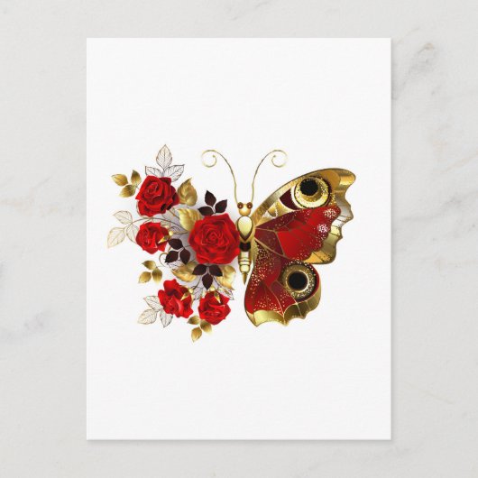 Rode bloemvlinder met rode rozen briefkaart (Voorkant)
