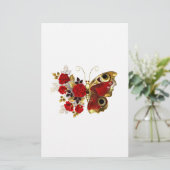 Rode bloemvlinder met rode rozen briefpapier (Staand voorkant)