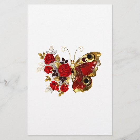 Rode bloemvlinder met rode rozen briefpapier (Voorkant)