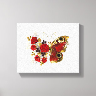 Rode bloemvlinder met rode rozen canvas afdruk