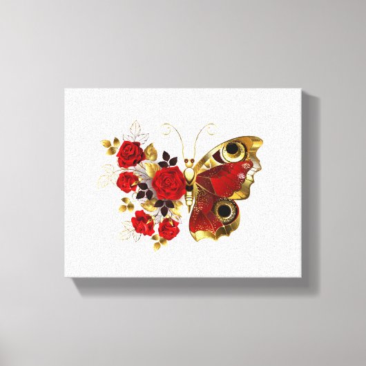 Rode bloemvlinder met rode rozen canvas afdruk (Voorkant)