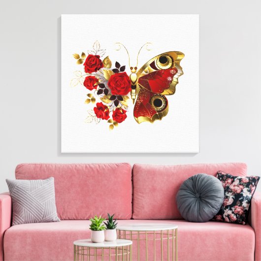Rode bloemvlinder met rode rozen canvas afdruk (Insitu (Woonkamer))