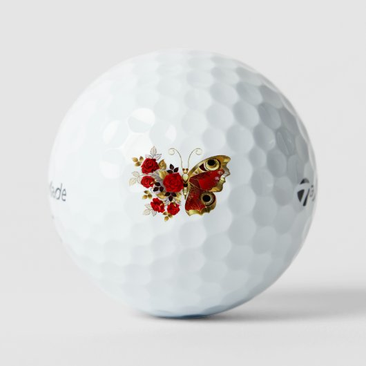 Rode bloemvlinder met rode rozen golfballen (Voorkant)