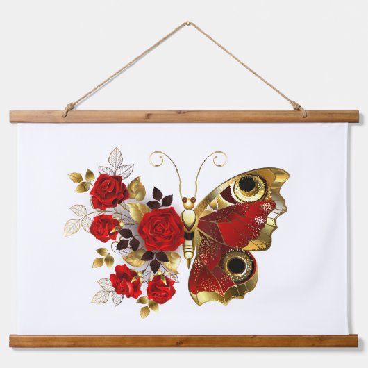 Rode bloemvlinder met rode rozen hangend wandkleed (Voorkant)