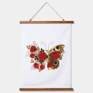 Rode bloemvlinder met rode rozen hangend wandkleed
