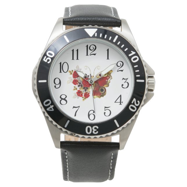Rode bloemvlinder met rode rozen horloge (Voorkant)