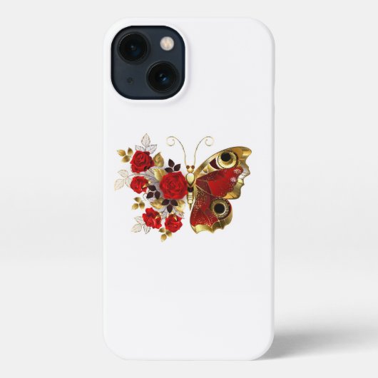 Rode bloemvlinder met rode rozen iPhone hoesje (Achterkant)