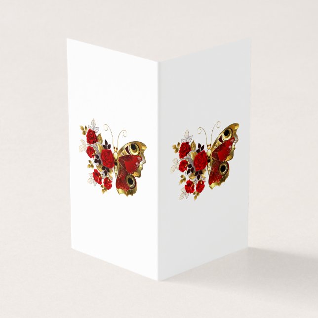 Rode bloemvlinder met rode rozen kaart (Buitenkant)