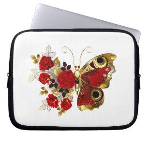 Rode bloemvlinder met rode rozen laptop sleeve