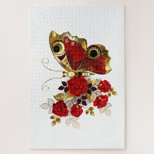 Rode bloemvlinder met rode rozen legpuzzel (Verticaal)