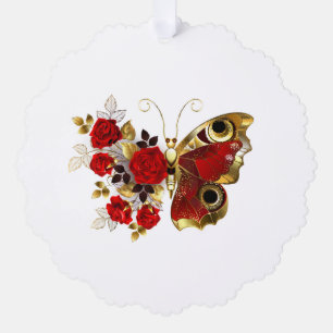 Rode bloemvlinder met rode rozen ornament kaart