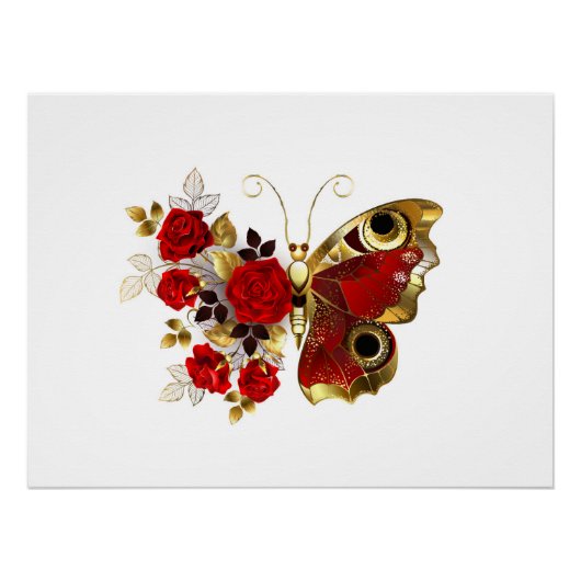 Rode bloemvlinder met rode rozen perfect poster (Voorkant)