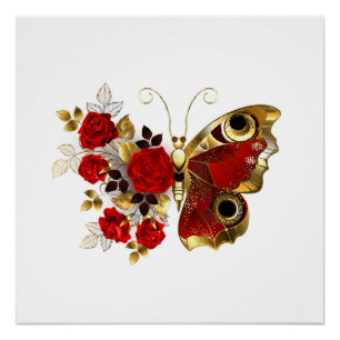 Rode bloemvlinder met rode rozen perfect poster