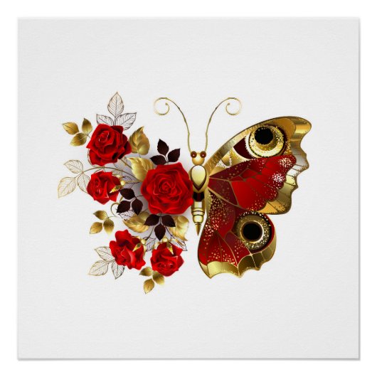 Rode bloemvlinder met rode rozen perfect poster (Voorkant)