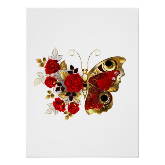 Rode bloemvlinder met rode rozen perfect poster (Voorkant)