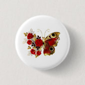 Rode bloemvlinder met rode rozen ronde button 3,2 cm (Voorkant)