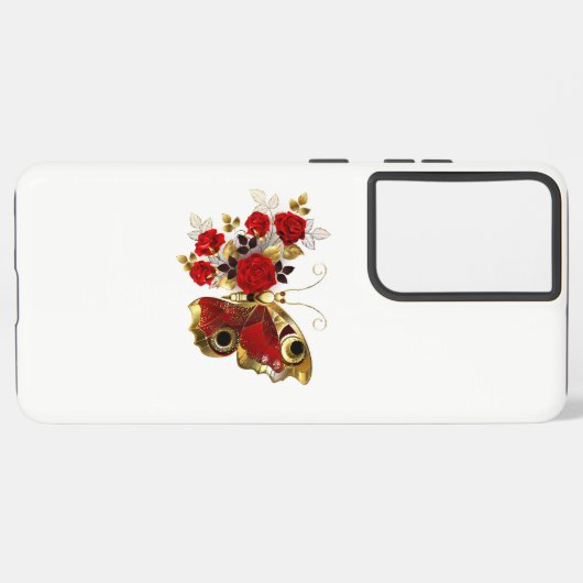 Rode bloemvlinder met rode rozen samsung galaxy hoesje (Achterkant horizontaal)