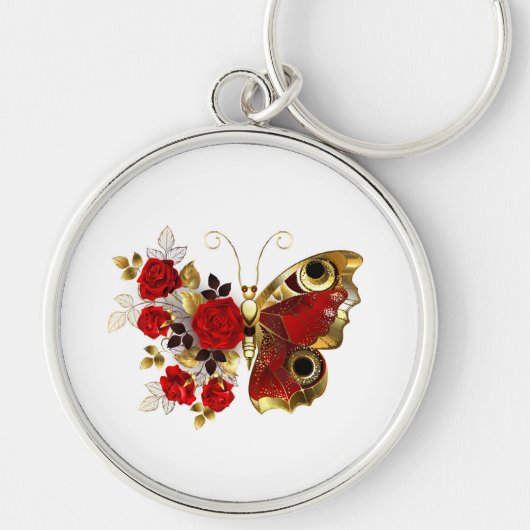 Rode bloemvlinder met rode rozen sleutelhanger (Voorkant)