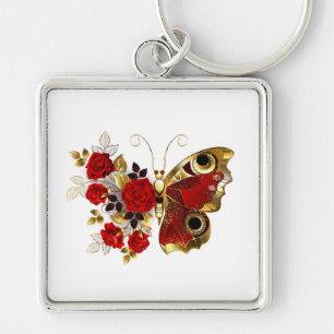 Rode bloemvlinder met rode rozen sleutelhanger