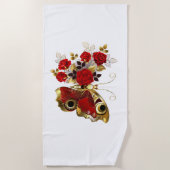 Rode bloemvlinder met rode rozen strandlaken (Voorkant)