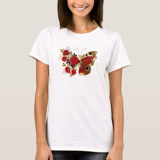 Rode bloemvlinder met rode rozen t-shirt (Voorkant)