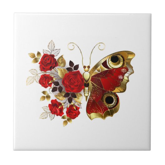 Rode bloemvlinder met rode rozen tegeltje (Voorkant)