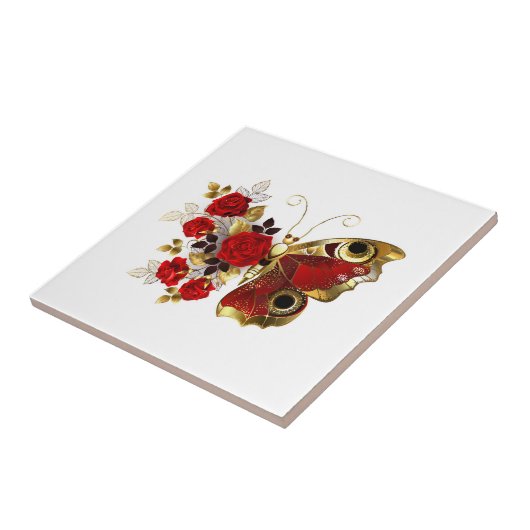 Rode bloemvlinder met rode rozen tegeltje (Zijkant)
