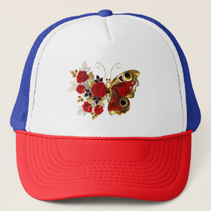 Rode bloemvlinder met rode rozen trucker pet