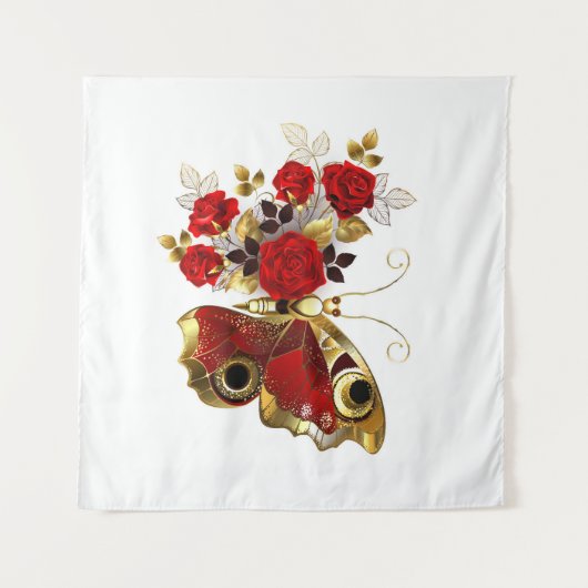 Rode bloemvlinder met rode rozen wandkleed (Voorkant (horizontaal))