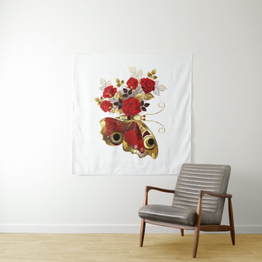 Rode bloemvlinder met rode rozen wandkleed (In Situ (horizontaal))