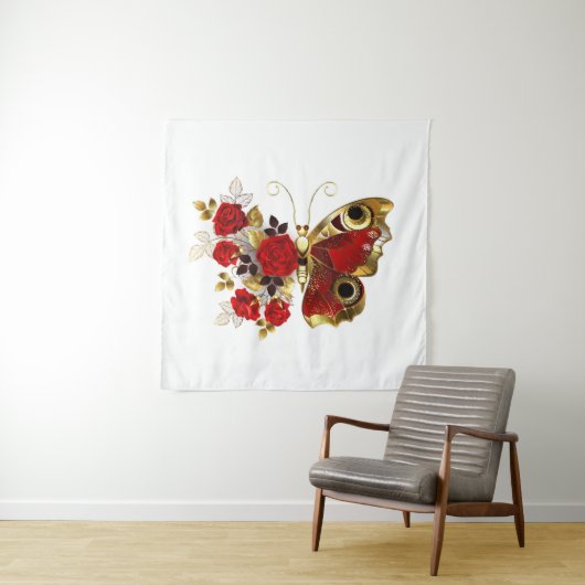 Rode bloemvlinder met rode rozen wandkleed (In situ)