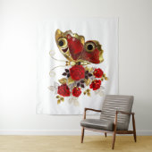 Rode bloemvlinder met rode rozen wandkleed (In situ)