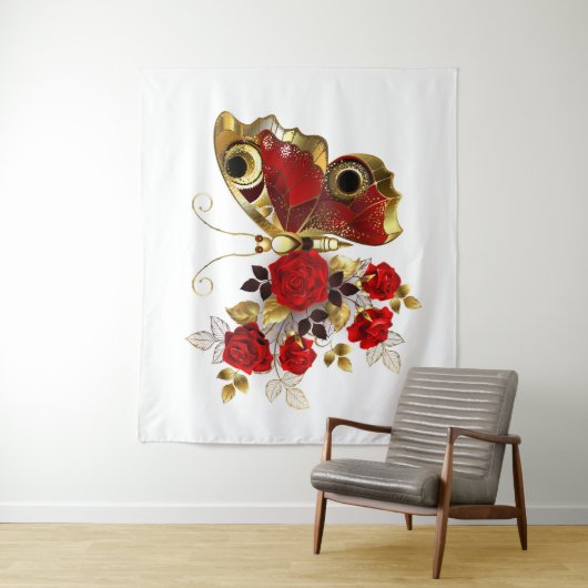 Rode bloemvlinder met rode rozen wandkleed (In situ)