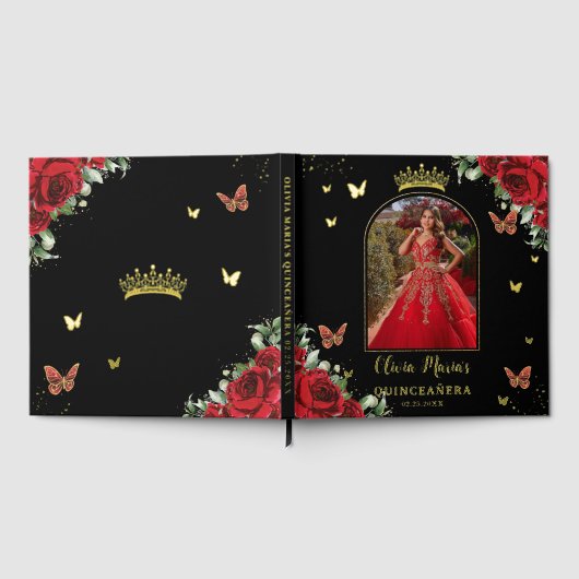 Rode Bloemvlinders Zwart Quinceañera Afbeelding Gastenboek (Volledig)