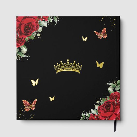 Rode Bloemvlinders Zwart Quinceañera Afbeelding Gastenboek (Achterkant)