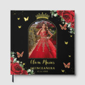 Rode Bloemvlinders Zwart Quinceañera Afbeelding Gastenboek (Voorkant)