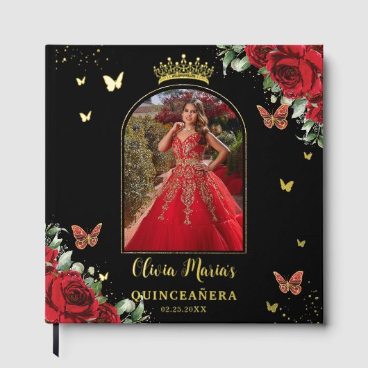 Rode Bloemvlinders Zwart Quinceañera Afbeelding Gastenboek (Voorkant)