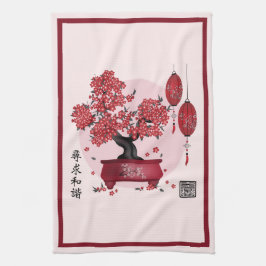 Rode bloesem bonsai 'Zoek harmonie' in het Chinees Theedoek