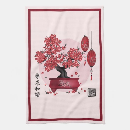 Rode bloesem bonsai 'Zoek harmonie' in het Chinees Theedoek (Verticaal)