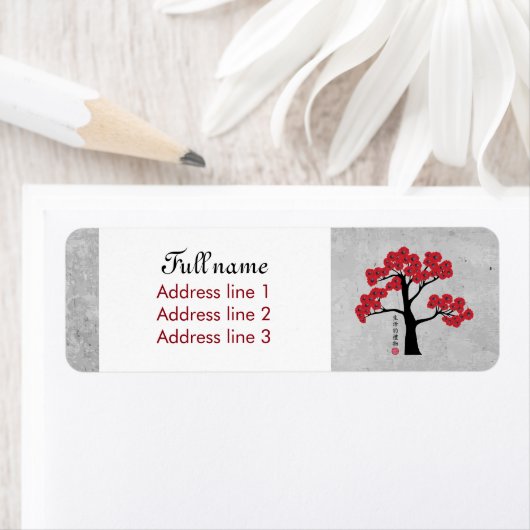 Rode bloesem boom "Geschenk van het leven" Etiket (Insitu)