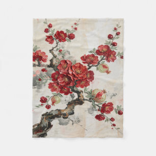 Rode Bloesems Granaatappel Tak Olie Schilderkunst Fleece Deken