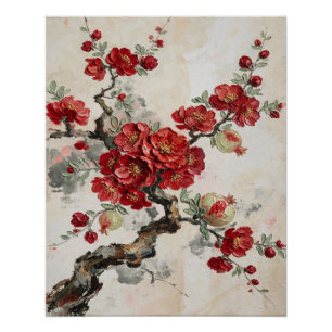 Rode Bloesems Granaatappel Tak Olie Schilderkunst Perfect Poster