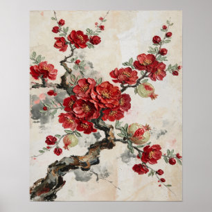 Rode Bloesems Granaatappel Tak Olie Schilderkunst Poster