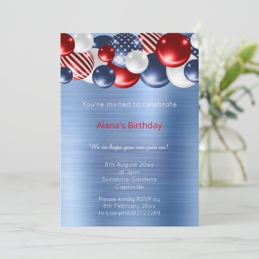 RODE BLUE BRUSHED METALLIC PATRIOTISCH BALLOON KAART (Staand voorkant)