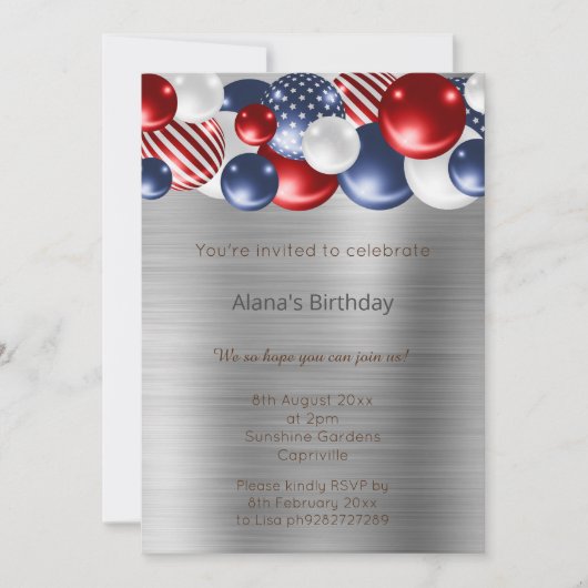 RODE BLUE PATRIOTISCHE SILVER BALLOON BIRTHDAY KAART (Voorkant)