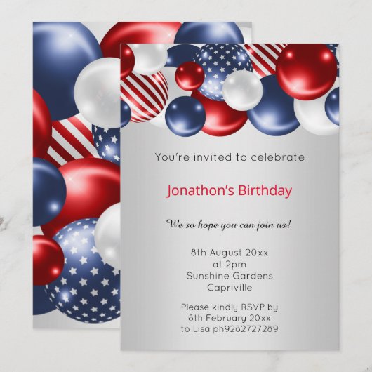 RODE BLUE SILVER PATRIOTISCHE BALLOONINVITATIE KAART (Voorkant / Achterkant)