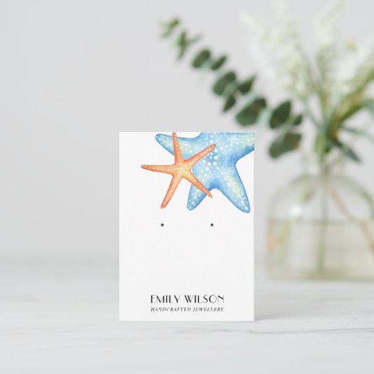 RODE BLUE STAR FISH AQUATIC STUD EARRING DISPLAY VISITEKAARTJE (Staand voorkant)