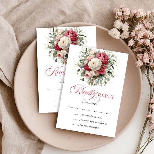Rode Blush Bloem Boho Bruiloft RSVP Bijlage Kaartje