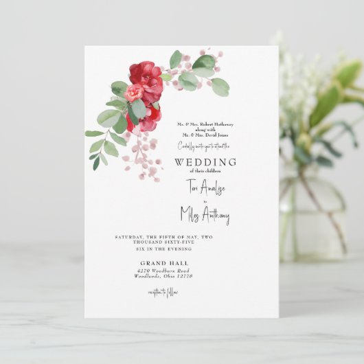 Rode & Blush Bloemige Eucalyptus Beide Ouders Trou Kaart (Staand voorkant)